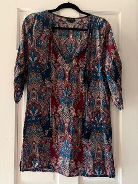 Tolani Paisley V-Neck Tunic in Burgundy, Teal and Navy